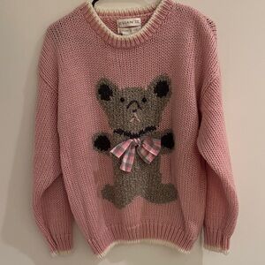Vintage baby pink hand knitted bear sweater size large